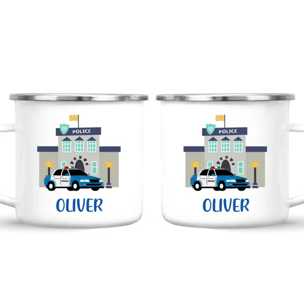 Personalised Police Car Mug - Custom Name Kids Cup - Law Enforcement Theme - Ceramic or Enamel - 11oz, 6oz, or Camping Mug - NZ Made