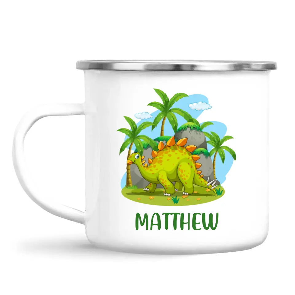 Personalised Stegosaurus Dinosaur Mug - Custom Name Kids Cup - Prehistoric Jungle Theme - Ceramic or Enamel - 11oz, 6oz, or Camping Mug - NZ Made