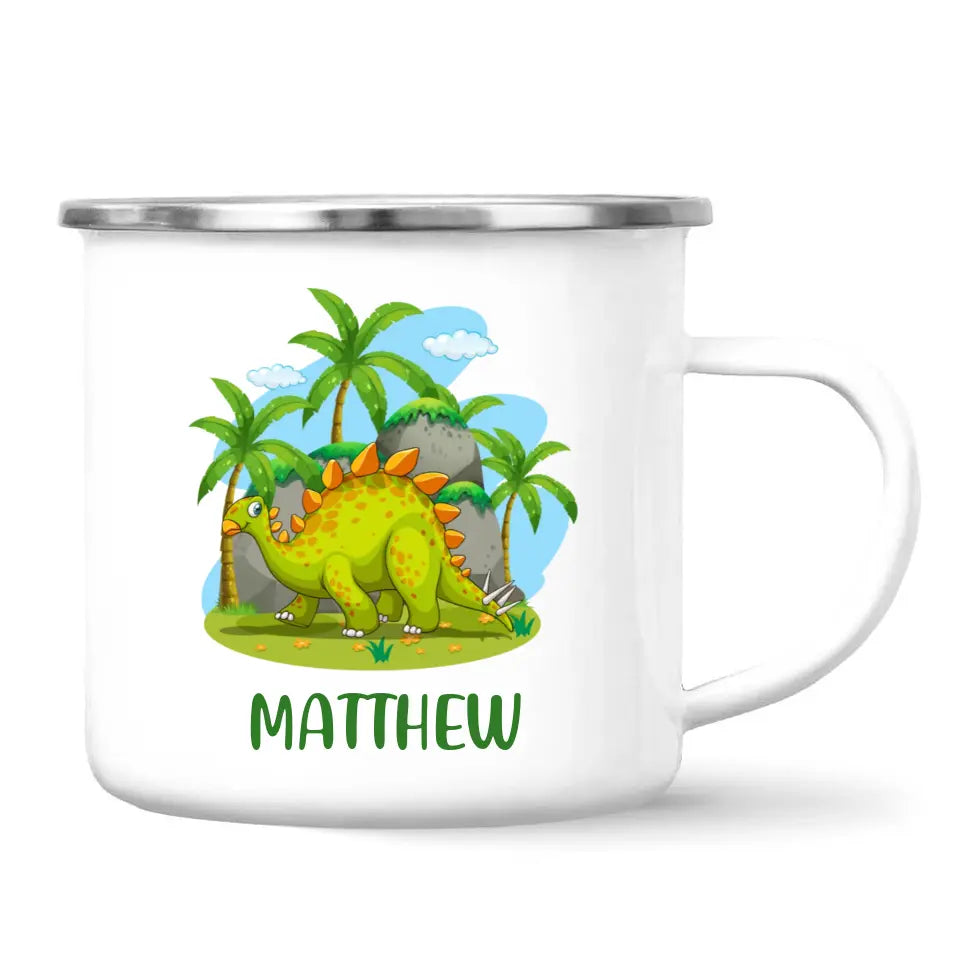 Personalised Stegosaurus Dinosaur Mug - Custom Name Kids Cup - Prehistoric Jungle Theme - Ceramic or Enamel - 11oz, 6oz, or Camping Mug - NZ Made