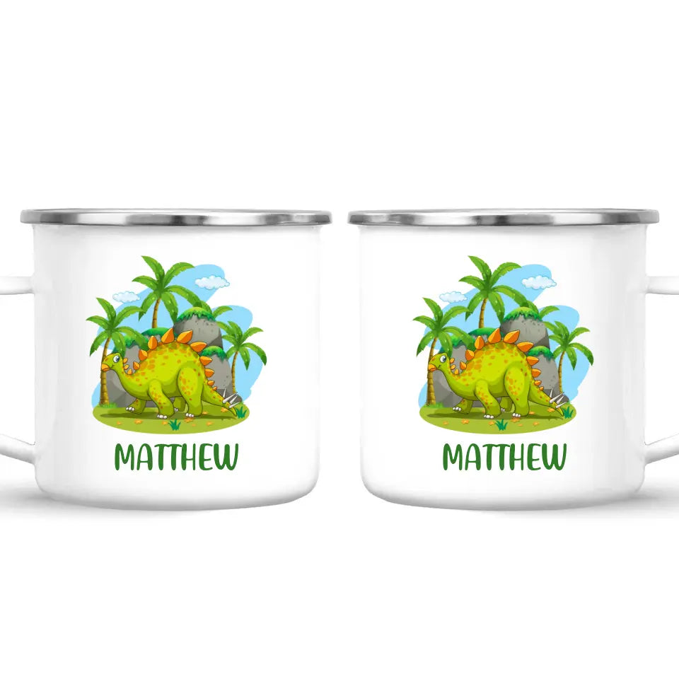 Personalised Stegosaurus Dinosaur Mug - Custom Name Kids Cup - Prehistoric Jungle Theme - Ceramic or Enamel - 11oz, 6oz, or Camping Mug - NZ Made