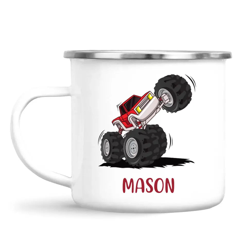 Personalised with Name, Red Monster Truck Kids Mug – Customised Off-Road Big Wheels Cup for Children – Available in 11oz, 6oz & Enamel Options