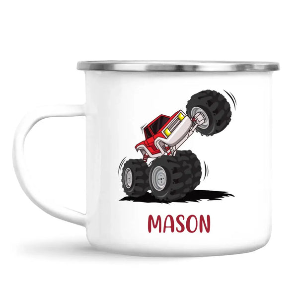 Personalised with Name, Red Monster Truck Kids Mug – Customised Off-Road Big Wheels Cup for Children – Available in 11oz, 6oz & Enamel Options