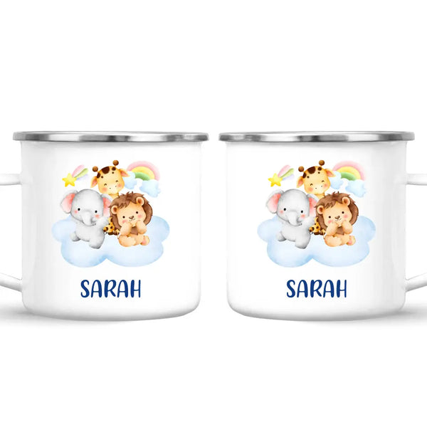 Personalised Safari Animals Mug - Custom Name Kids Cup - Cute Jungle Friends Theme - Ceramic or Enamel - 11oz, 6oz, or Camping Mug - NZ Made