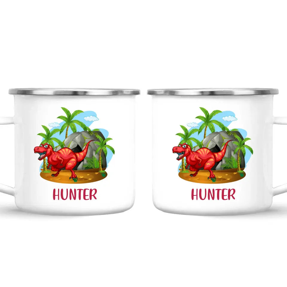 Personalised T-Rex Dinosaur Mug - Custom Name Kids Cup - Prehistoric Jungle Theme - Ceramic or Enamel - 11oz, 6oz, or Camping Mug - NZ Made