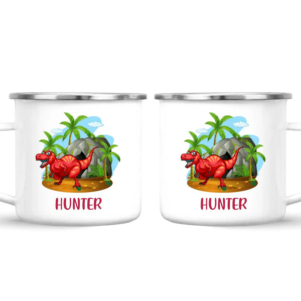Personalised T-Rex Dinosaur Mug - Custom Name Kids Cup - Prehistoric Jungle Theme - Ceramic or Enamel - 11oz, 6oz, or Camping Mug - NZ Made