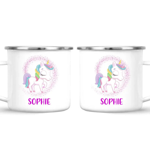 Personalised Unicorn Mug - Custom Name Kids Cup - Magical Rainbow Unicorn Theme - Ceramic or Enamel - 11oz, 6oz, or Camping Mug - NZ Made