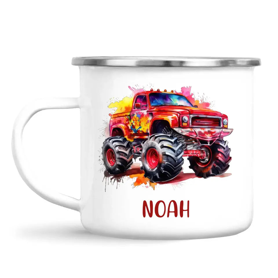 Personalised Red Monster Truck Cup - Custom Name Kids Mug - Off-Road Adventure - 11oz, 6oz or Enamel - NZ Made