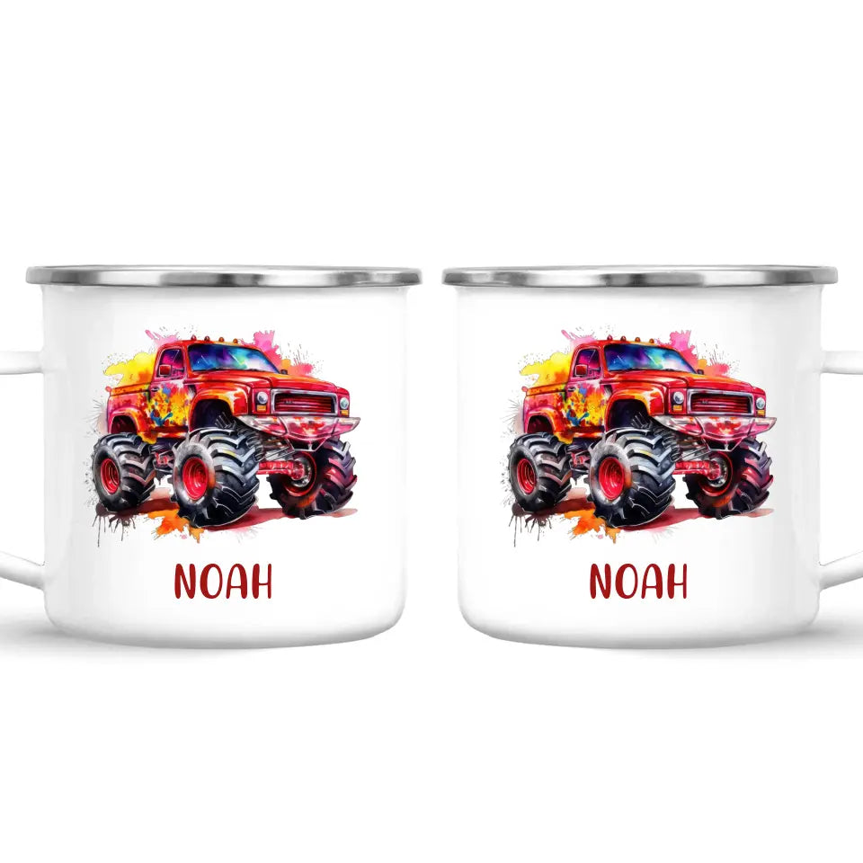 Personalised Red Monster Truck Cup - Custom Name Kids Mug - Off-Road Adventure - 11oz, 6oz or Enamel - NZ Made