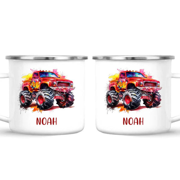 Personalised Red Monster Truck Cup - Custom Name Kids Mug - Off-Road Adventure - 11oz, 6oz or Enamel - NZ Made