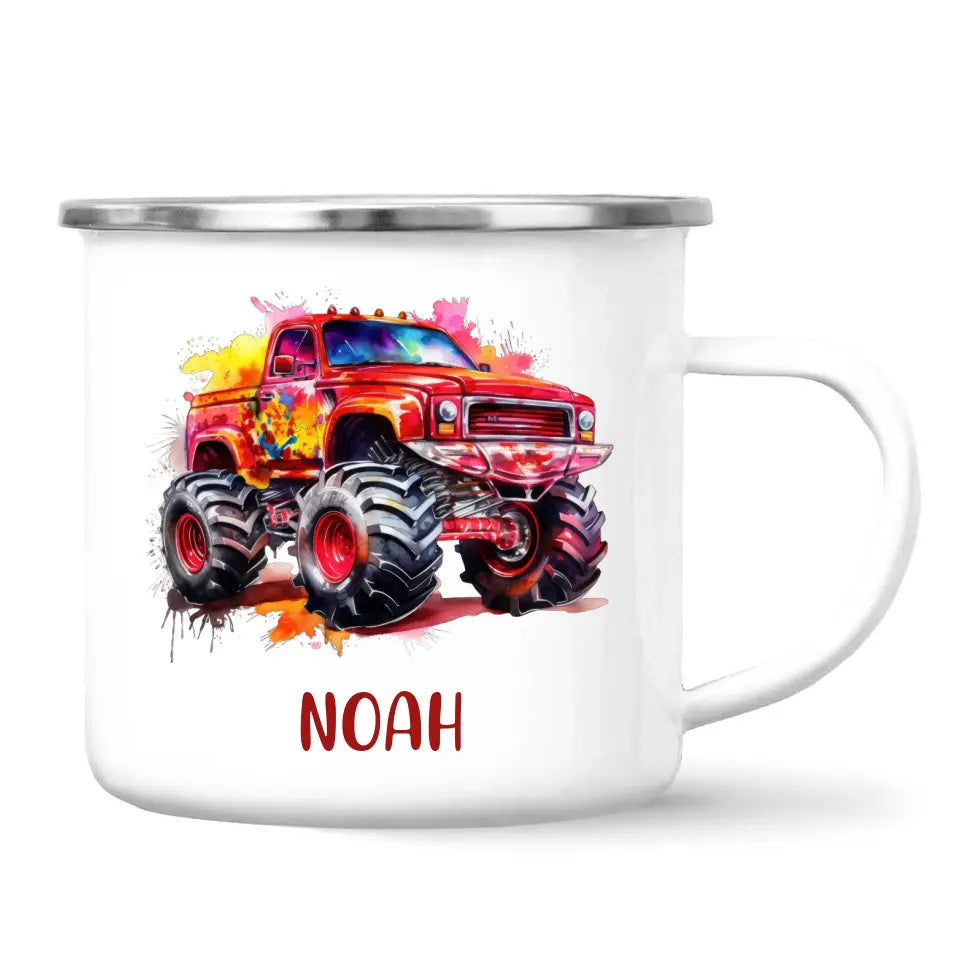 Personalised Red Monster Truck Cup - Custom Name Kids Mug - Off-Road Adventure - 11oz, 6oz or Enamel - NZ Made
