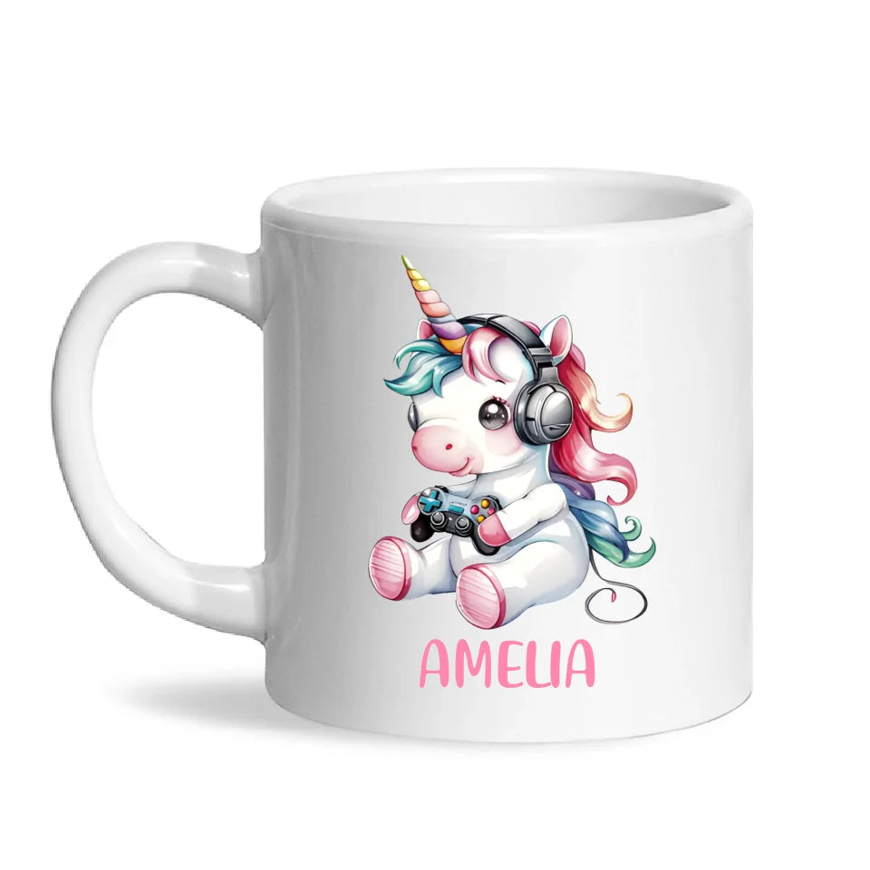 Personalised Gaming Unicorn Kids Cup - Custom Name Mug for Girls - 11oz, 6oz or Enamel Cup - Cute Gamer Unicorn Gift - NZ Made