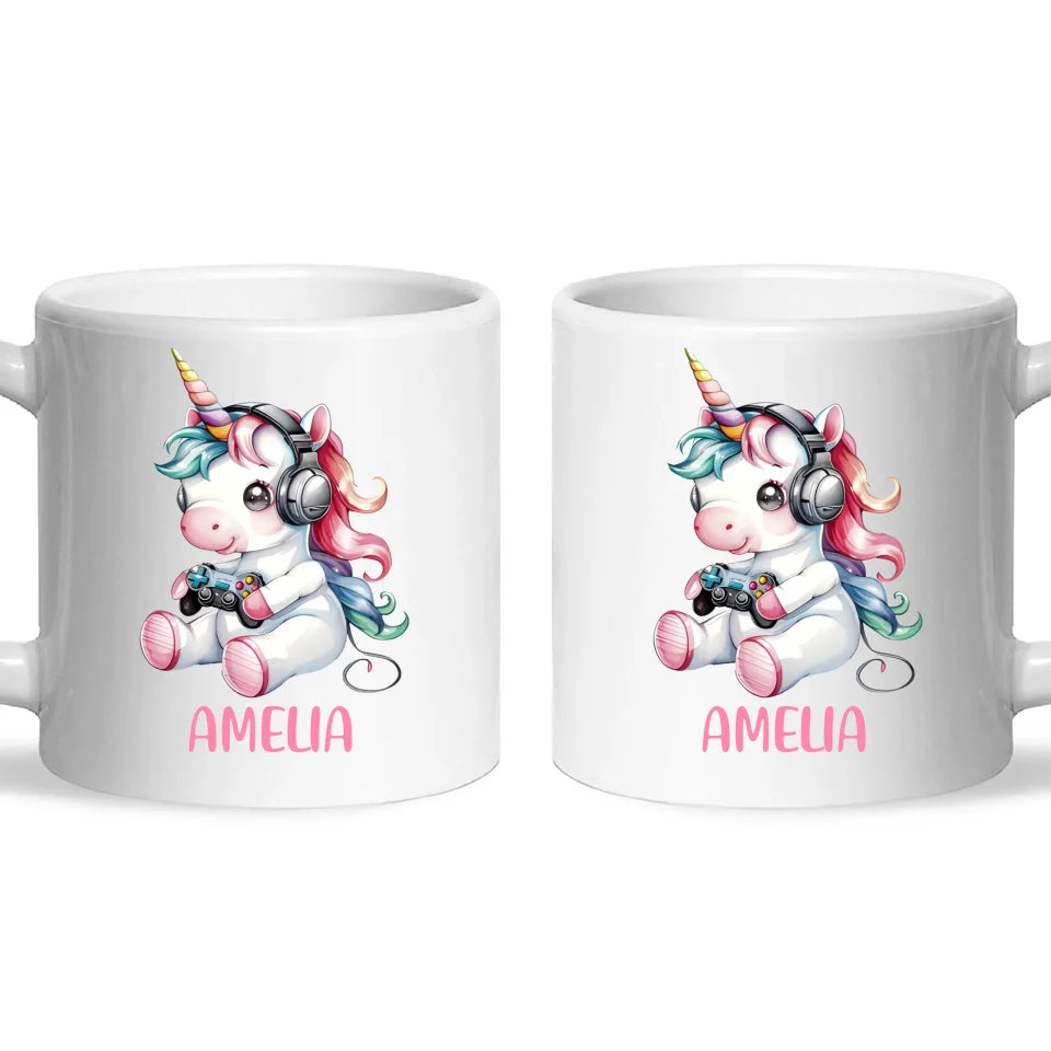 Personalised Gaming Unicorn Kids Cup - Custom Name Mug for Girls - 11oz, 6oz or Enamel Cup - Cute Gamer Unicorn Gift - NZ Made