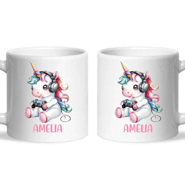 Personalised Gaming Unicorn Kids Cup - Custom Name Mug for Girls - 11oz, 6oz or Enamel Cup - Cute Gamer Unicorn Gift - NZ Made