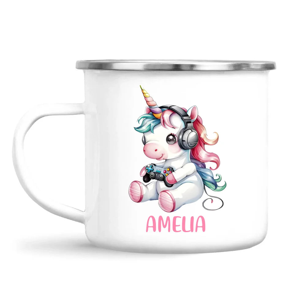 Personalised Gaming Unicorn Kids Cup - Custom Name Mug for Girls - 11oz, 6oz or Enamel Cup - Cute Gamer Unicorn Gift - NZ Made
