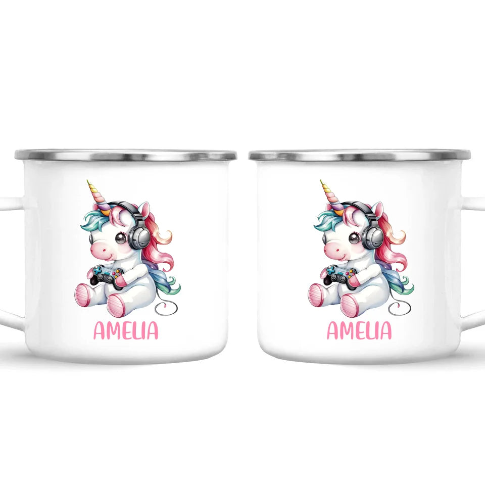 Personalised Gaming Unicorn Kids Cup - Custom Name Mug for Girls - 11oz, 6oz or Enamel Cup - Cute Gamer Unicorn Gift - NZ Made