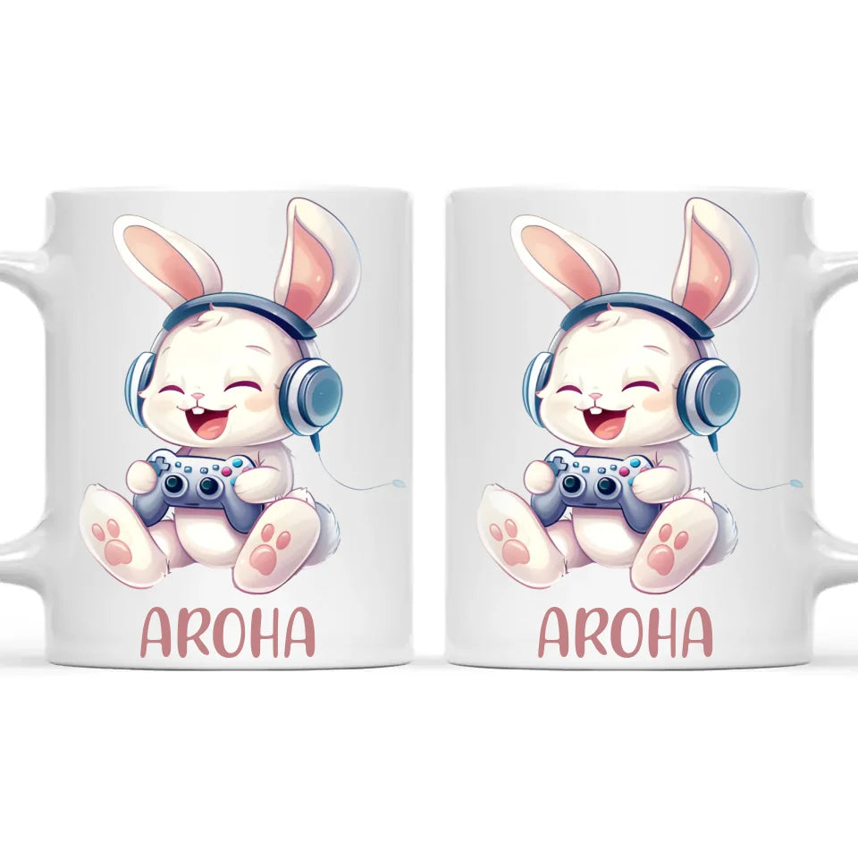 Personalised Gaming Bunny Kids Cup - Custom Name Cup for Boys and Girls - 11oz, 6oz or Enamel Cup - Cute Gamer Rabbit Gift - NZ Made