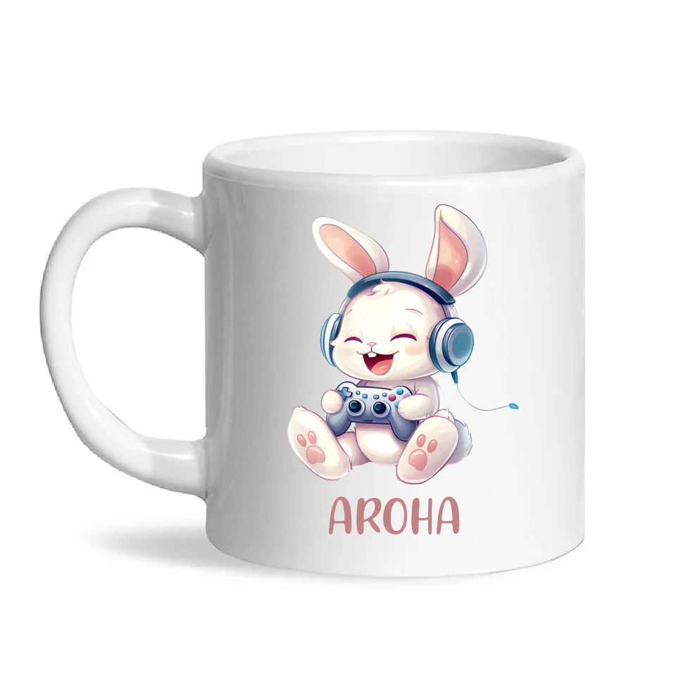 Personalised Gaming Bunny Kids Cup - Custom Name Cup for Boys and Girls - 11oz, 6oz or Enamel Cup - Cute Gamer Rabbit Gift - NZ Made