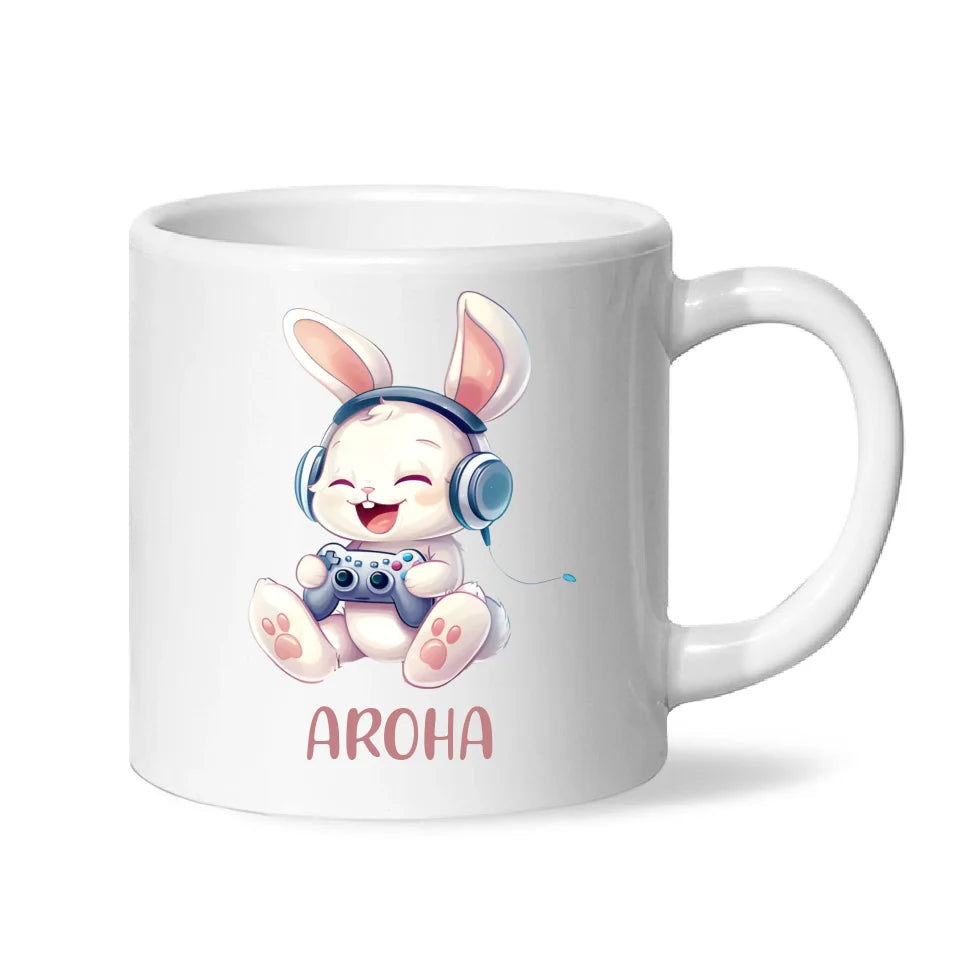 Personalised Gaming Bunny Kids Cup - Custom Name Cup for Boys and Girls - 11oz, 6oz or Enamel Cup - Cute Gamer Rabbit Gift - NZ Made