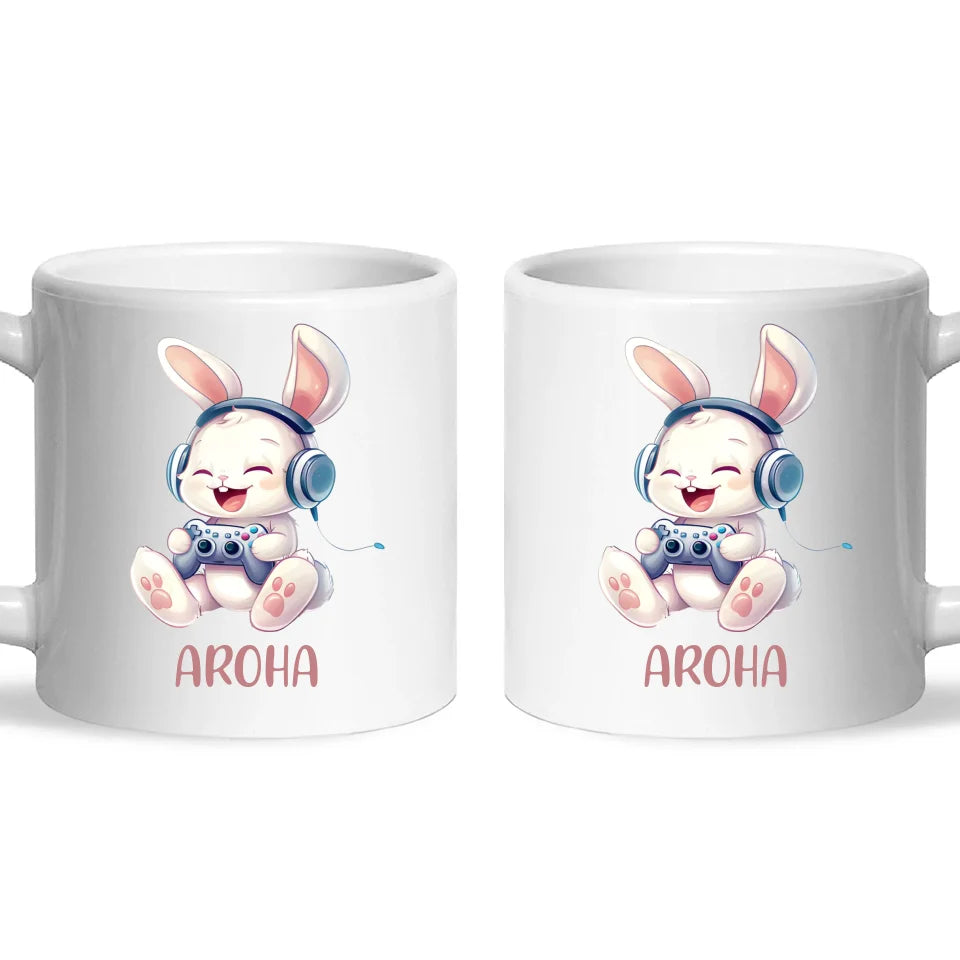 Personalised Gaming Bunny Kids Cup - Custom Name Cup for Boys and Girls - 11oz, 6oz or Enamel Cup - Cute Gamer Rabbit Gift - NZ Made