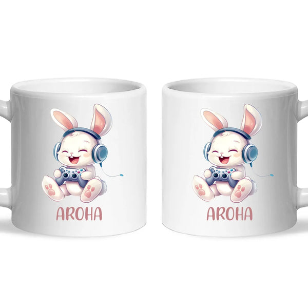 Personalised Gaming Bunny Kids Cup - Custom Name Cup for Boys and Girls - 11oz, 6oz or Enamel Cup - Cute Gamer Rabbit Gift - NZ Made