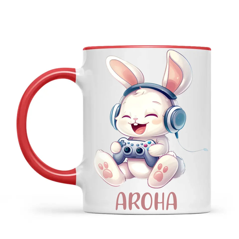 Personalised Gaming Bunny Kids Cup - Custom Name Cup for Boys and Girls - 11oz, 6oz or Enamel Cup - Cute Gamer Rabbit Gift - NZ Made