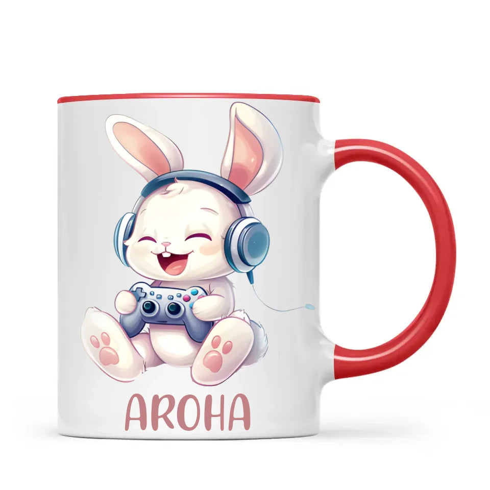 Personalised Gaming Bunny Kids Cup - Custom Name Cup for Boys and Girls - 11oz, 6oz or Enamel Cup - Cute Gamer Rabbit Gift - NZ Made