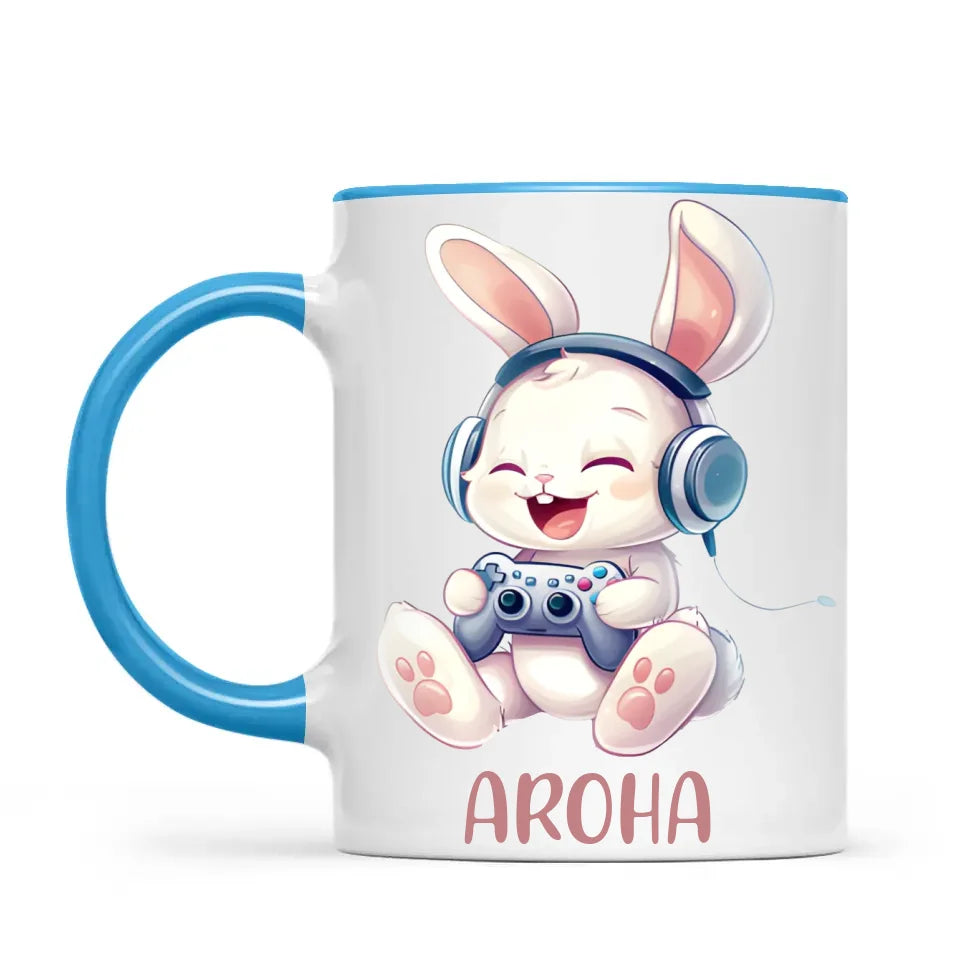 Personalised Gaming Bunny Kids Cup - Custom Name Cup for Boys and Girls - 11oz, 6oz or Enamel Cup - Cute Gamer Rabbit Gift - NZ Made