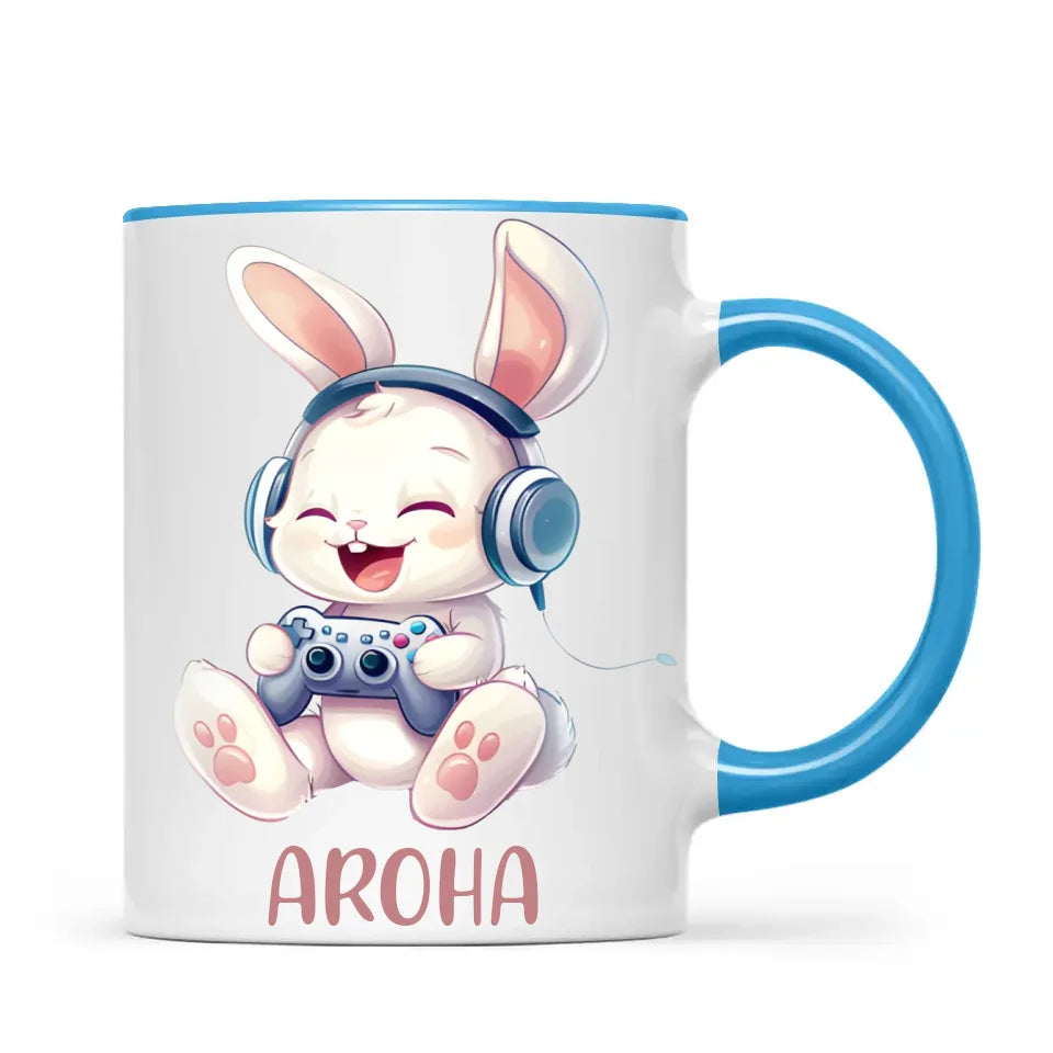 Personalised Gaming Bunny Kids Cup - Custom Name Cup for Boys and Girls - 11oz, 6oz or Enamel Cup - Cute Gamer Rabbit Gift - NZ Made
