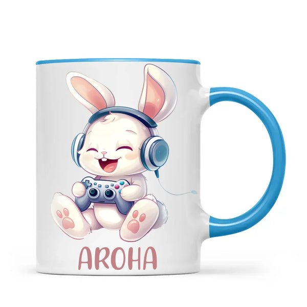 Personalised Gaming Bunny Kids Cup - Custom Name Cup for Boys and Girls - 11oz, 6oz or Enamel Cup - Cute Gamer Rabbit Gift - NZ Made