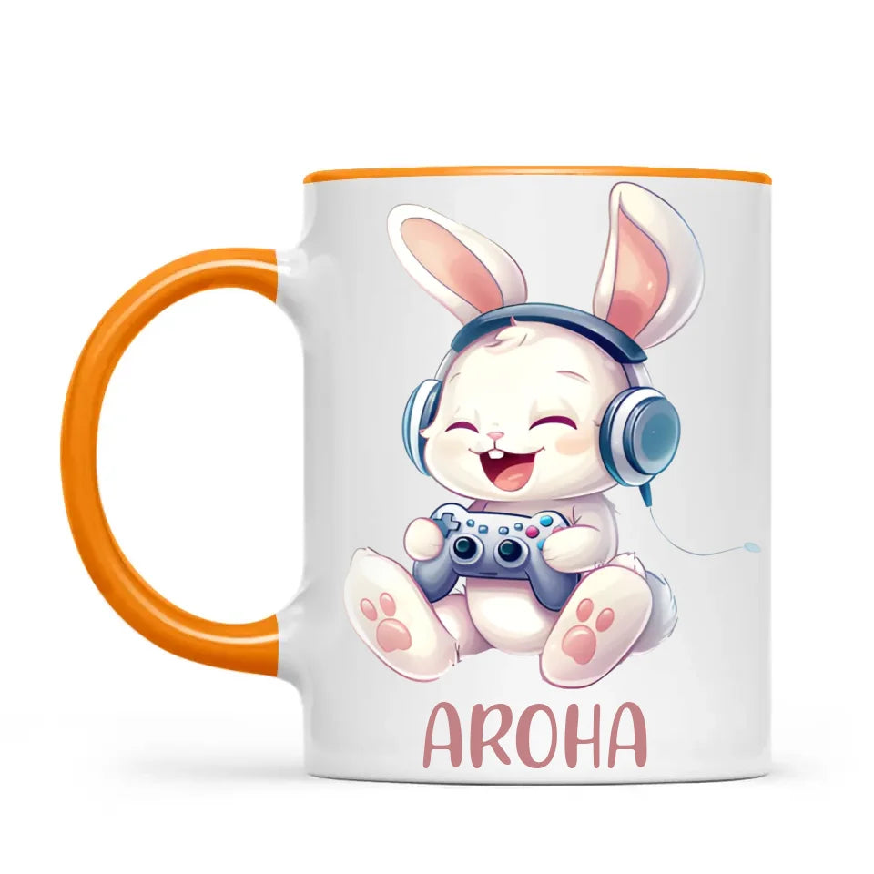 Personalised Gaming Bunny Kids Cup - Custom Name Cup for Boys and Girls - 11oz, 6oz or Enamel Cup - Cute Gamer Rabbit Gift - NZ Made