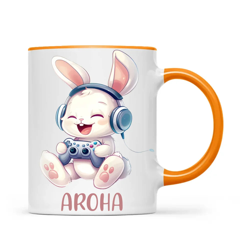 Personalised Gaming Bunny Kids Cup - Custom Name Cup for Boys and Girls - 11oz, 6oz or Enamel Cup - Cute Gamer Rabbit Gift - NZ Made