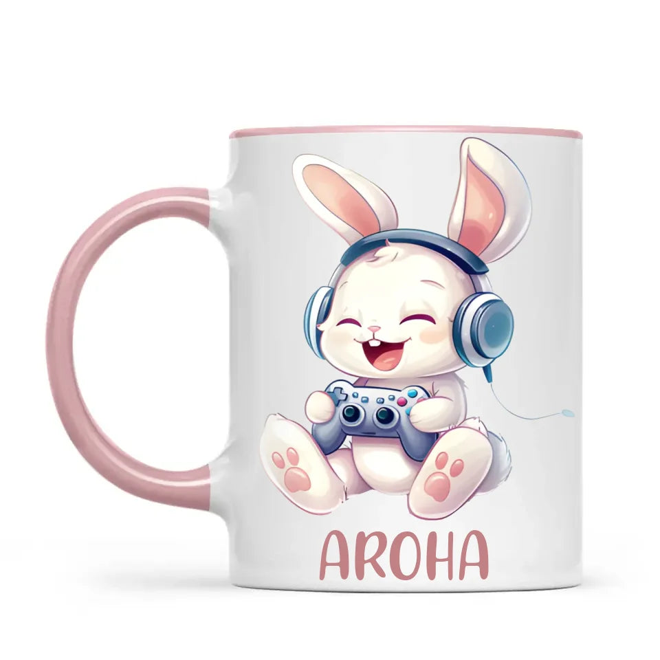 Personalised Gaming Bunny Kids Cup - Custom Name Cup for Boys and Girls - 11oz, 6oz or Enamel Cup - Cute Gamer Rabbit Gift - NZ Made