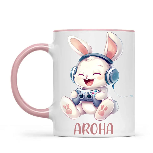 Personalised Gaming Bunny Kids Cup - Custom Name Cup for Boys and Girls - 11oz, 6oz or Enamel Cup - Cute Gamer Rabbit Gift - NZ Made