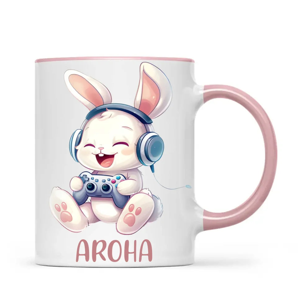 Personalised Gaming Bunny Kids Cup - Custom Name Cup for Boys and Girls - 11oz, 6oz or Enamel Cup - Cute Gamer Rabbit Gift - NZ Made