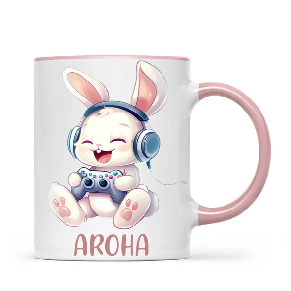 Personalised Gaming Bunny Kids Cup - Custom Name Cup for Boys and Girls - 11oz, 6oz or Enamel Cup - Cute Gamer Rabbit Gift - NZ Made