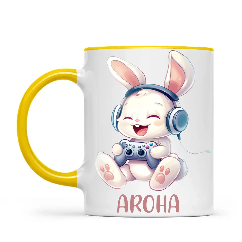 Personalised Gaming Bunny Kids Cup - Custom Name Cup for Boys and Girls - 11oz, 6oz or Enamel Cup - Cute Gamer Rabbit Gift - NZ Made