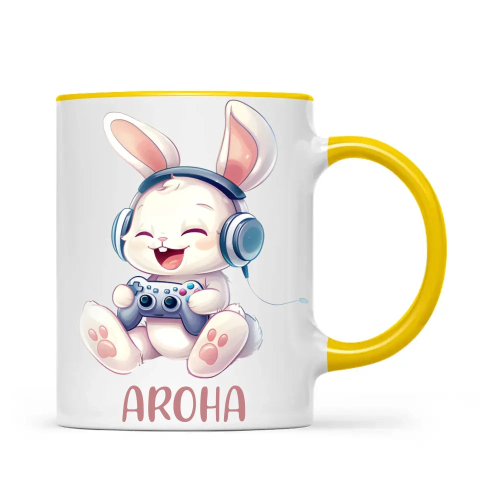 Personalised Gaming Bunny Kids Cup - Custom Name Cup for Boys and Girls - 11oz, 6oz or Enamel Cup - Cute Gamer Rabbit Gift - NZ Made