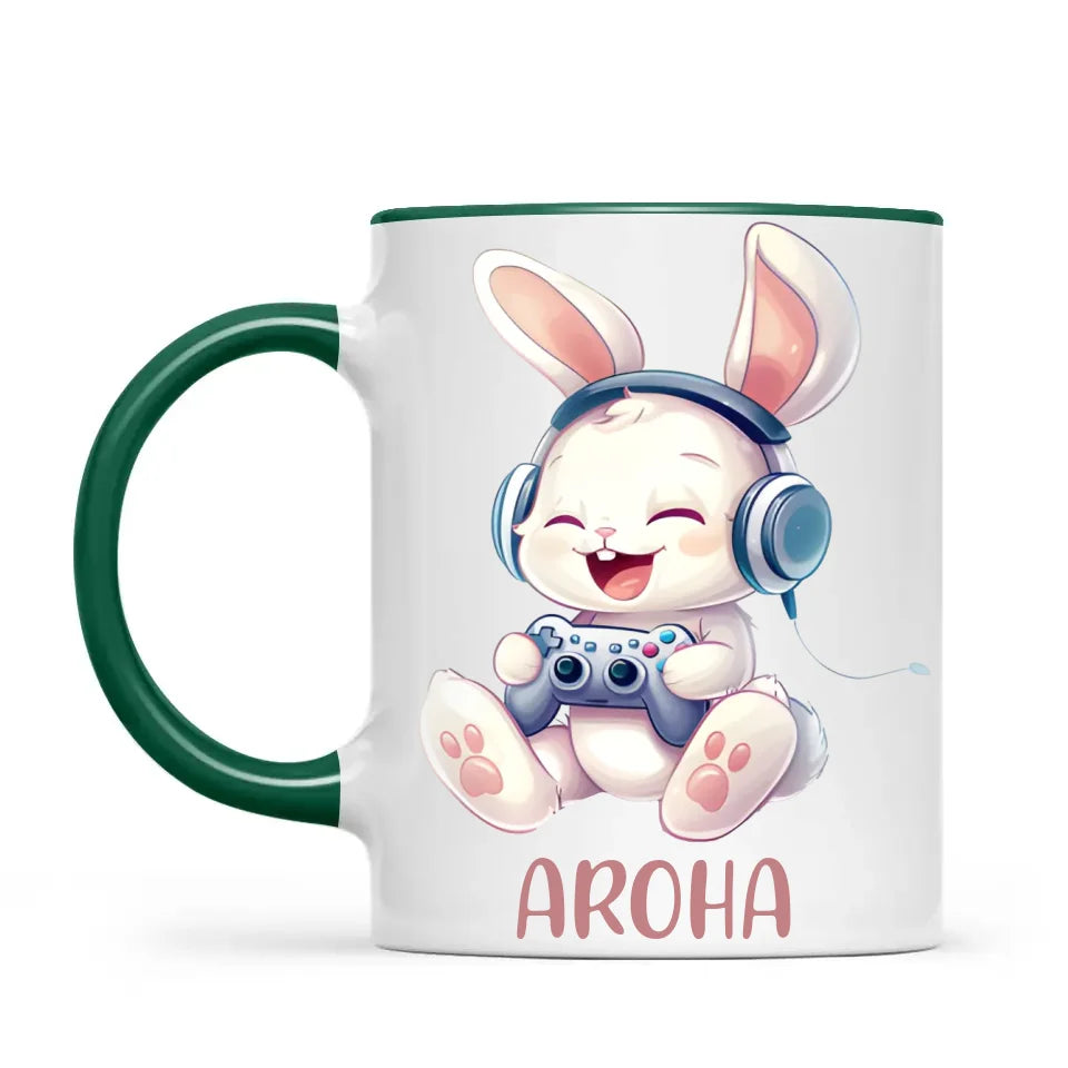 Personalised Gaming Bunny Kids Cup - Custom Name Cup for Boys and Girls - 11oz, 6oz or Enamel Cup - Cute Gamer Rabbit Gift - NZ Made