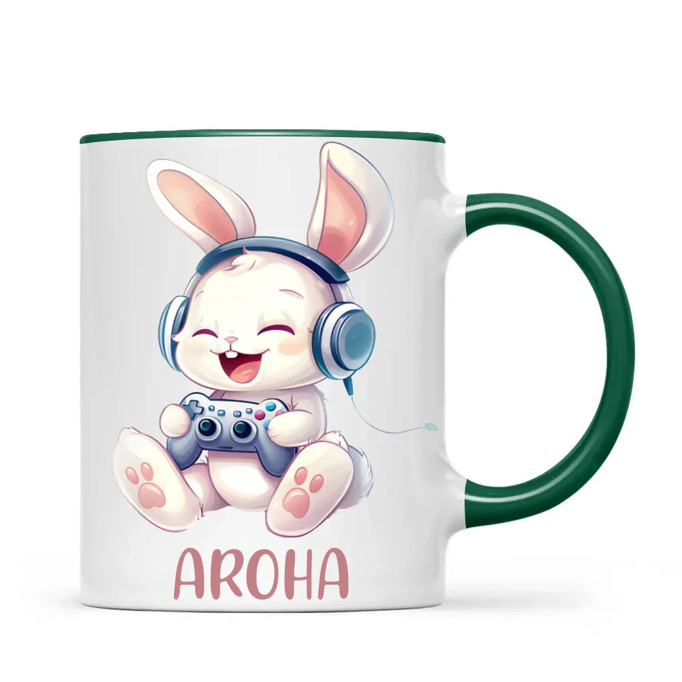 Personalised Gaming Bunny Kids Cup - Custom Name Cup for Boys and Girls - 11oz, 6oz or Enamel Cup - Cute Gamer Rabbit Gift - NZ Made
