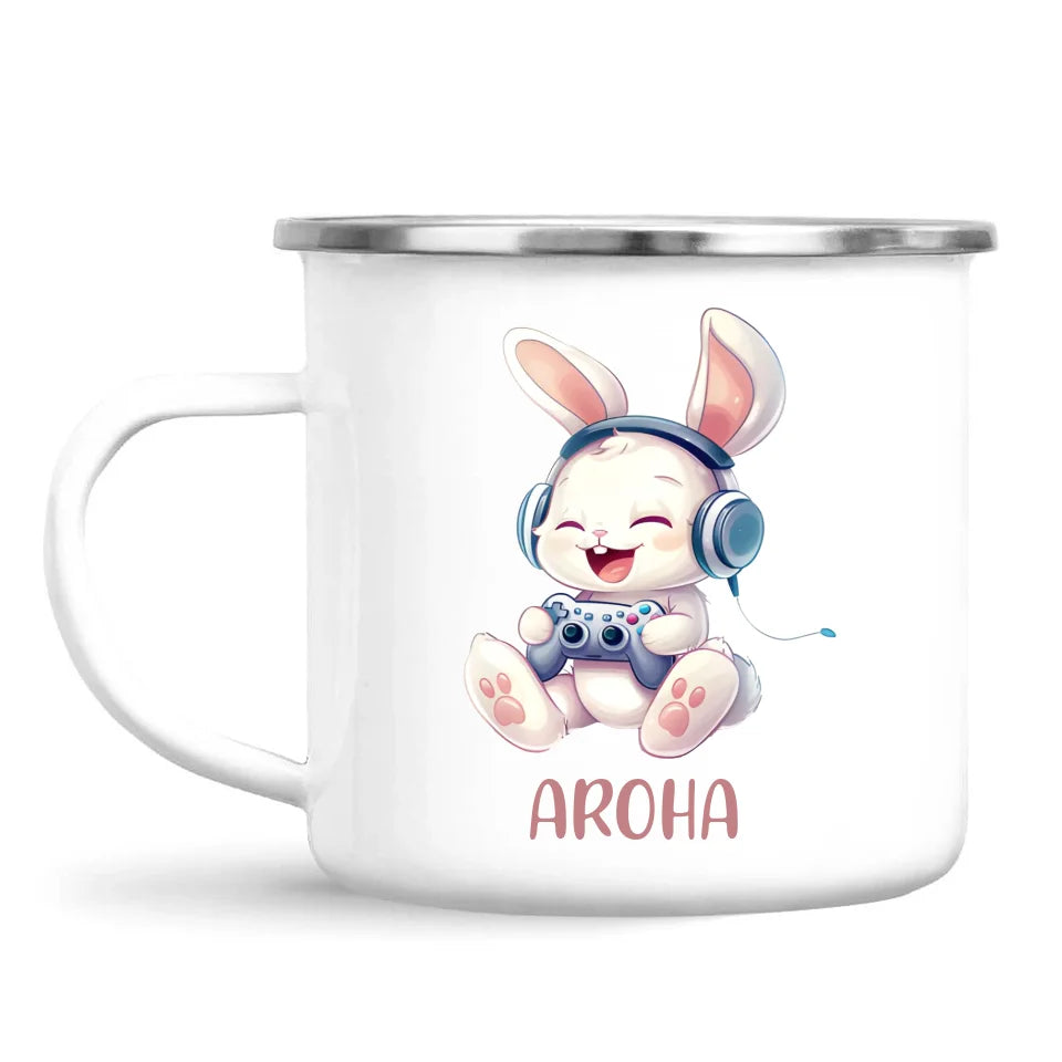 Personalised Gaming Bunny Kids Cup - Custom Name Cup for Boys and Girls - 11oz, 6oz or Enamel Cup - Cute Gamer Rabbit Gift - NZ Made