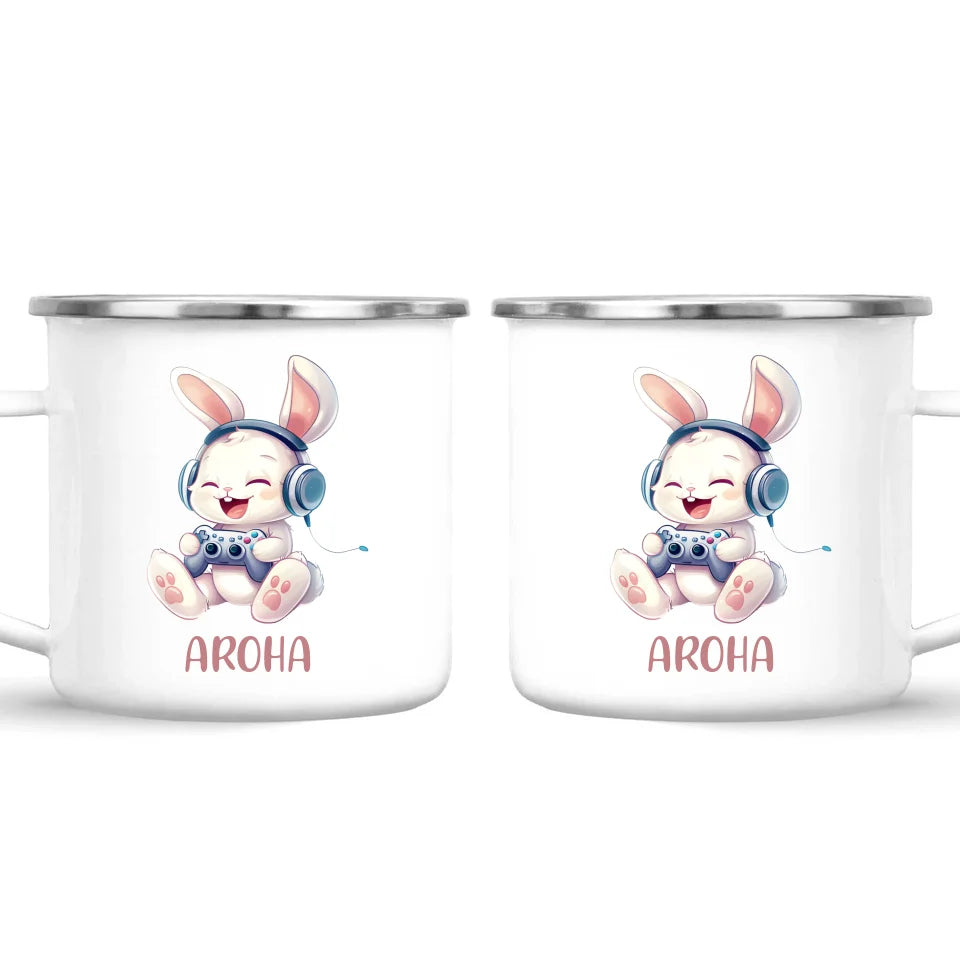 Personalised Gaming Bunny Kids Cup - Custom Name Cup for Boys and Girls - 11oz, 6oz or Enamel Cup - Cute Gamer Rabbit Gift - NZ Made