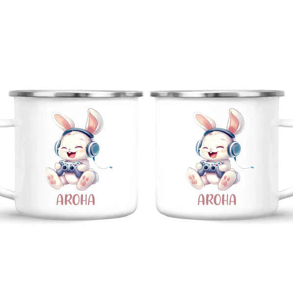 Personalised Gaming Bunny Kids Cup - Custom Name Cup for Boys and Girls - 11oz, 6oz or Enamel Cup - Cute Gamer Rabbit Gift - NZ Made