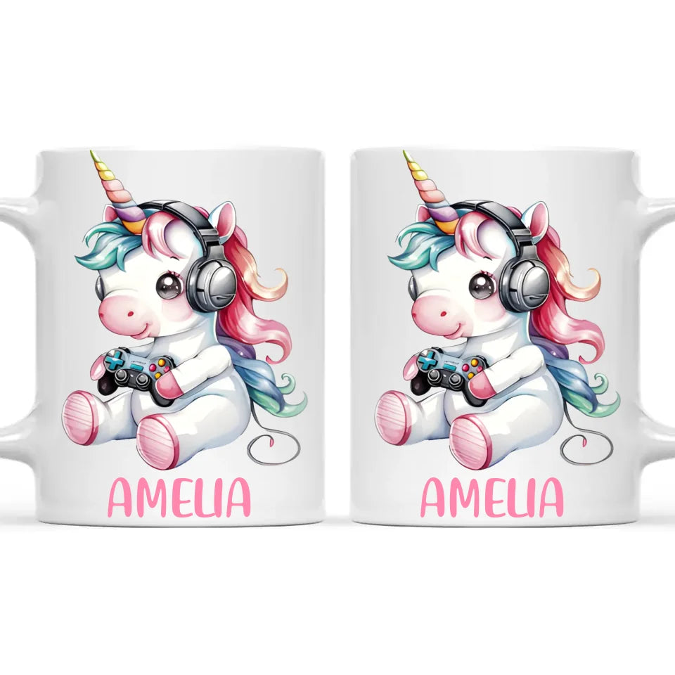 Personalised Gaming Unicorn Kids Cup - Custom Name Mug for Girls - 11oz, 6oz or Enamel Cup - Cute Gamer Unicorn Gift - NZ Made