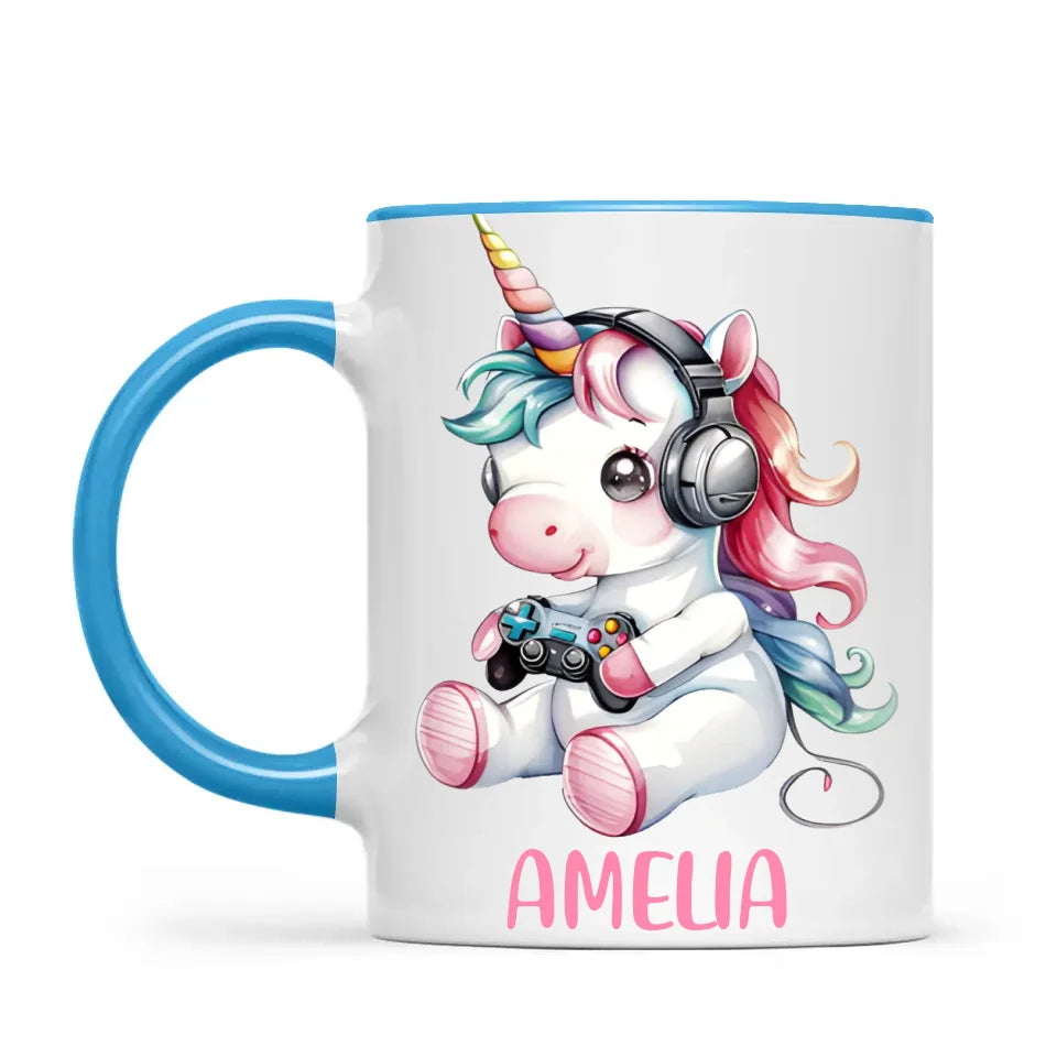 Personalised Gaming Unicorn Kids Cup - Custom Name Mug for Girls - 11oz, 6oz or Enamel Cup - Cute Gamer Unicorn Gift - NZ Made