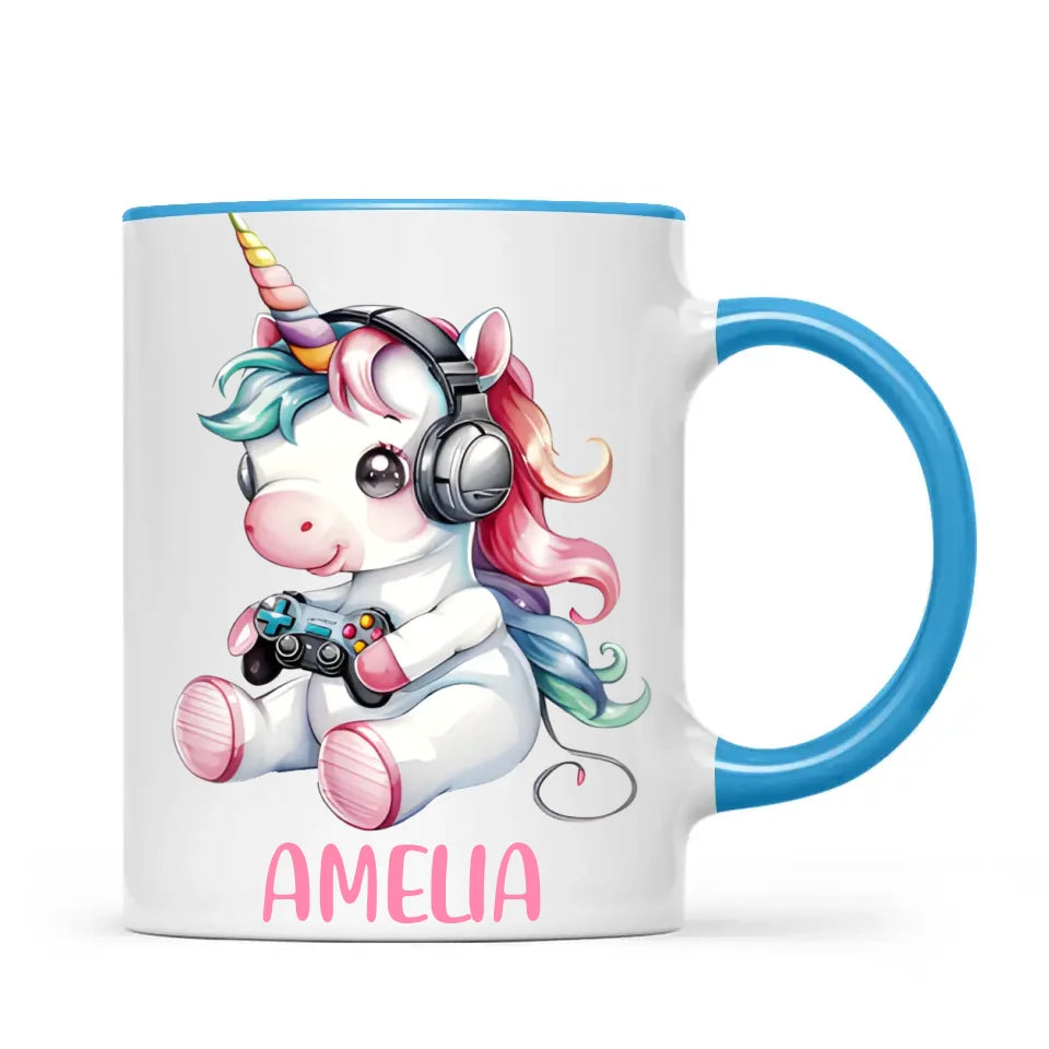 Personalised Gaming Unicorn Kids Cup - Custom Name Mug for Girls - 11oz, 6oz or Enamel Cup - Cute Gamer Unicorn Gift - NZ Made