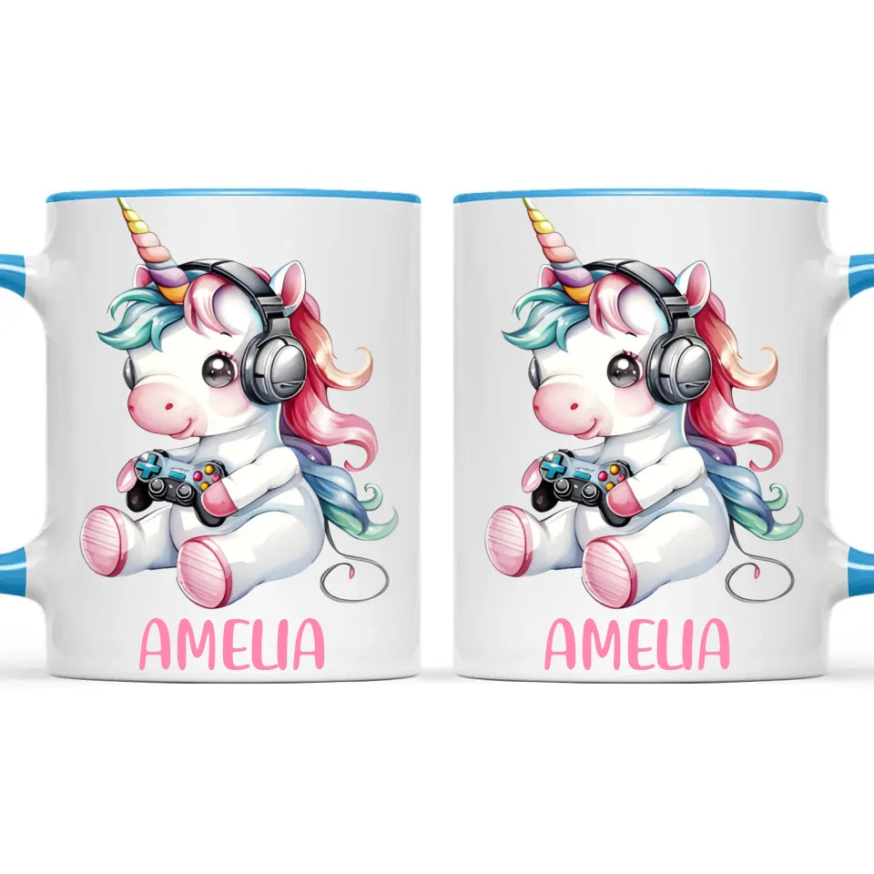 Personalised Gaming Unicorn Kids Cup - Custom Name Mug for Girls - 11oz, 6oz or Enamel Cup - Cute Gamer Unicorn Gift - NZ Made