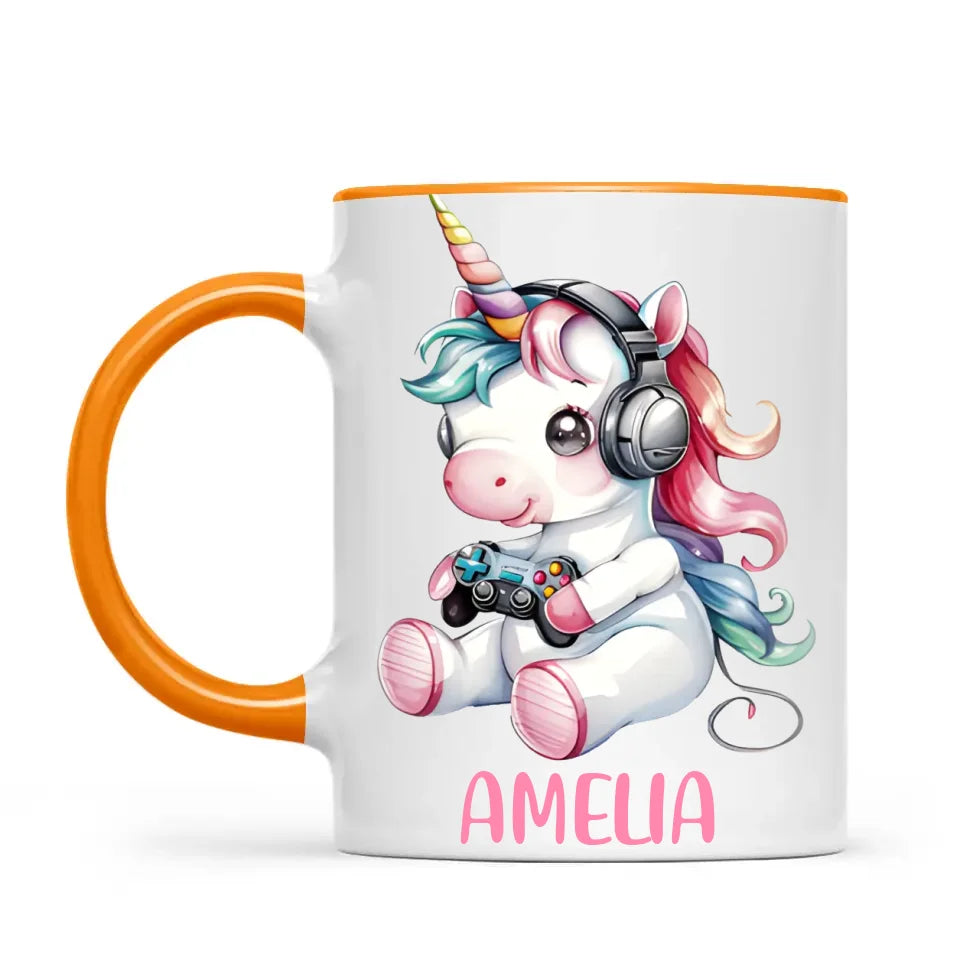 Personalised Gaming Unicorn Kids Cup - Custom Name Mug for Girls - 11oz, 6oz or Enamel Cup - Cute Gamer Unicorn Gift - NZ Made