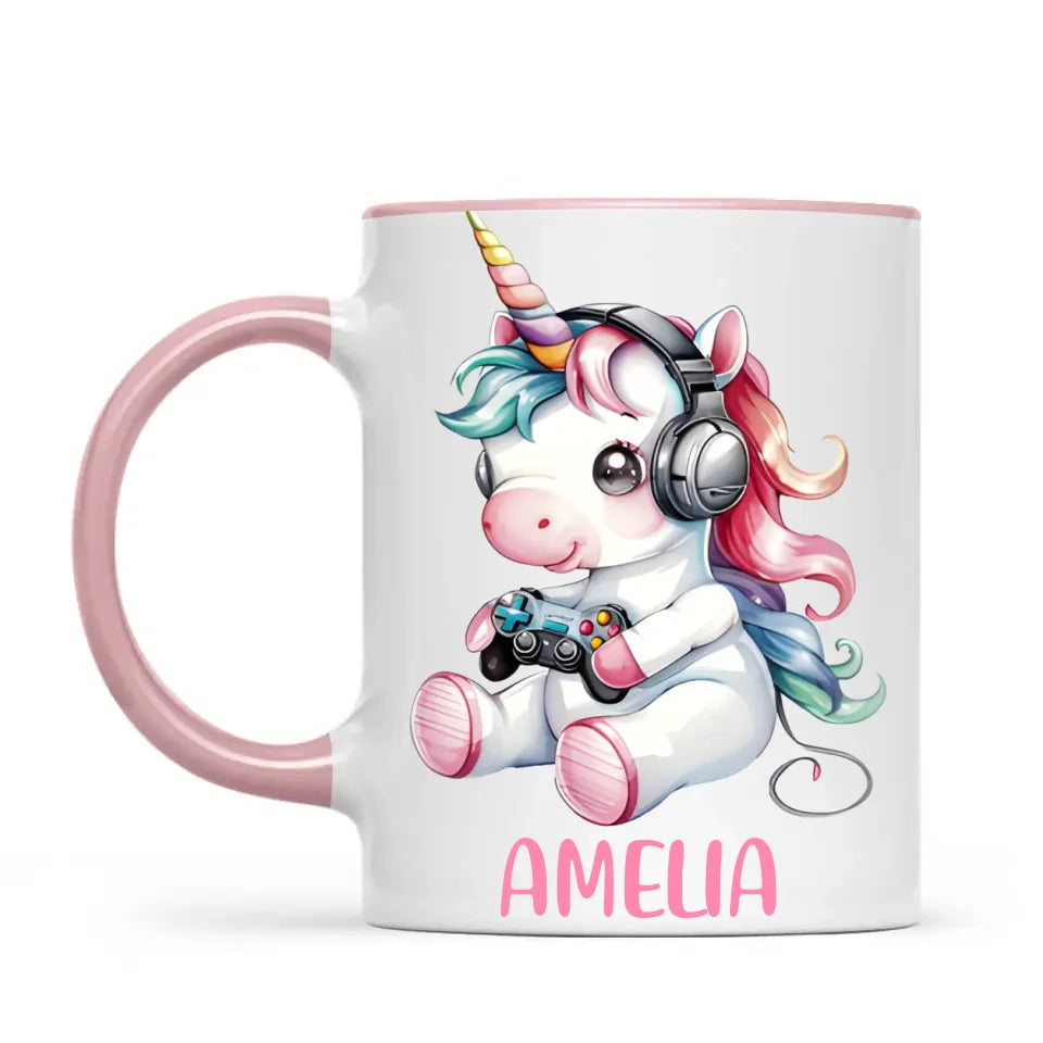 Personalised Gaming Unicorn Kids Cup - Custom Name Mug for Girls - 11oz, 6oz or Enamel Cup - Cute Gamer Unicorn Gift - NZ Made