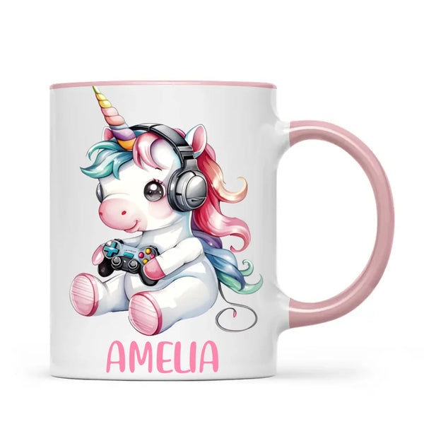 Personalised Gaming Unicorn Kids Cup - Custom Name Mug for Girls - 11oz, 6oz or Enamel Cup - Cute Gamer Unicorn Gift - NZ Made