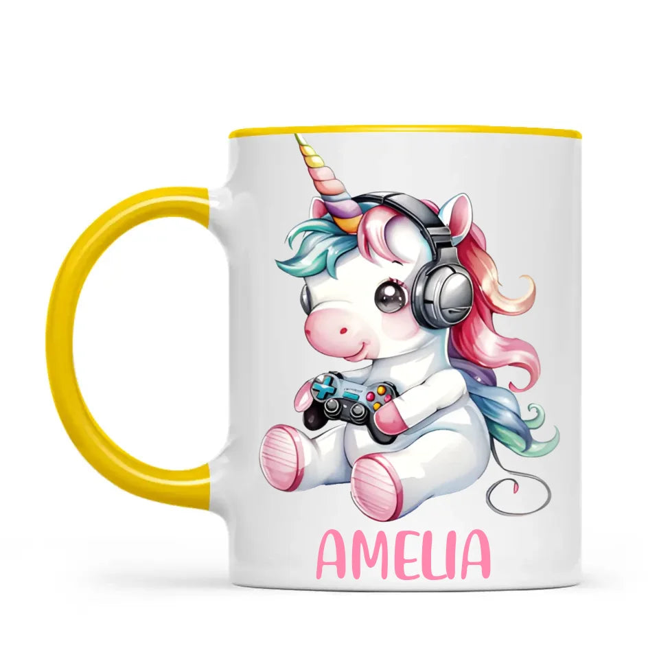 Personalised Gaming Unicorn Kids Cup - Custom Name Mug for Girls - 11oz, 6oz or Enamel Cup - Cute Gamer Unicorn Gift - NZ Made